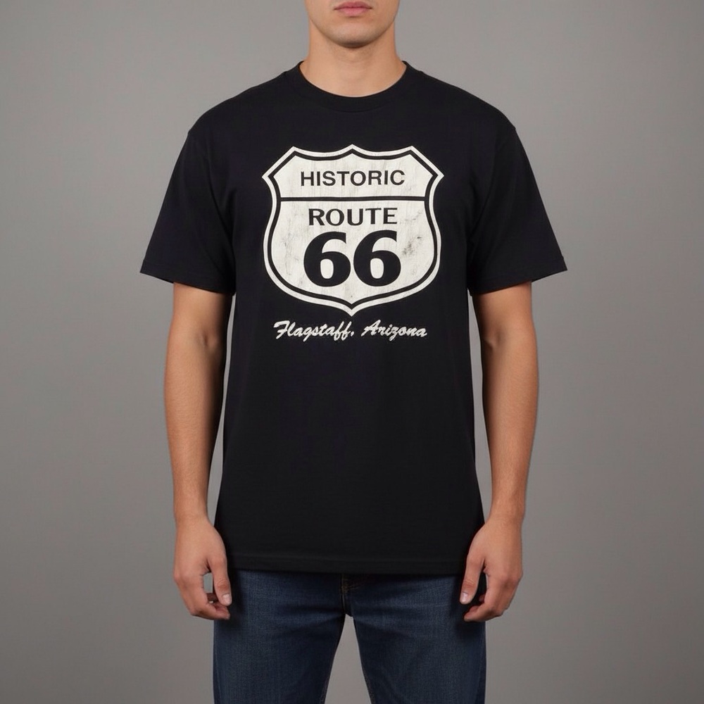 Vintage Hanes Route 66 Flagstaff Arizona Black Graphic Tee L 42-44 USA Souvenir